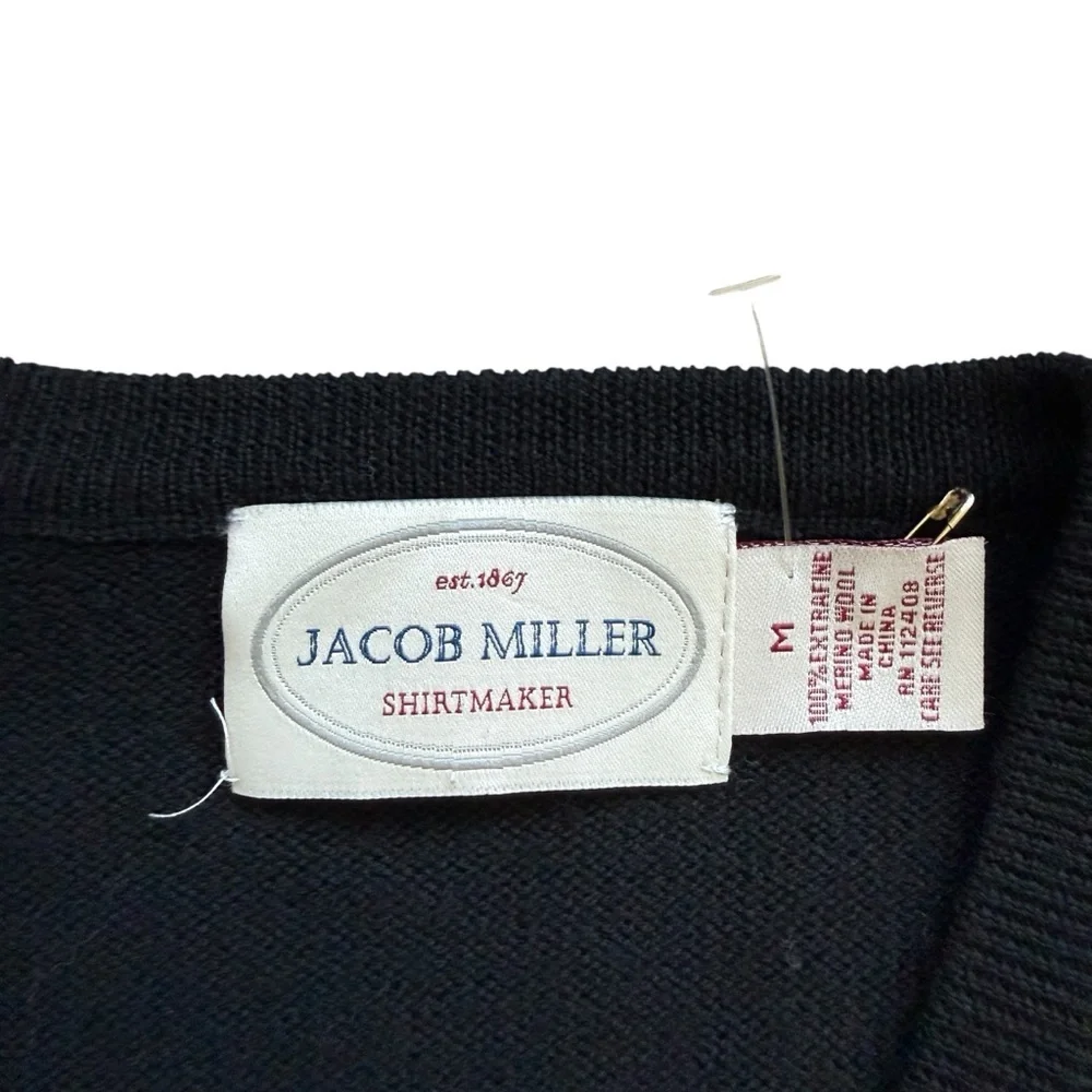 Jacob Miller Merino Wool Sweater Mens M Black V Neck Extra Fine Wool Classic